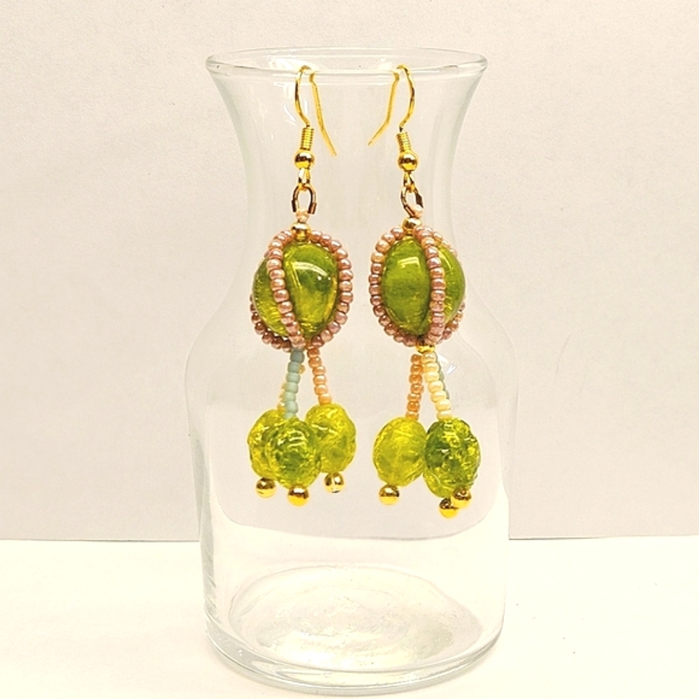 Unique Hand Crafted Green Beaded Earrings